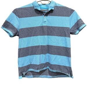 St Johns Bay Mens Polo Shirt XL Blue Gray Chunky Striped 100% Cotton Y2K Rugby